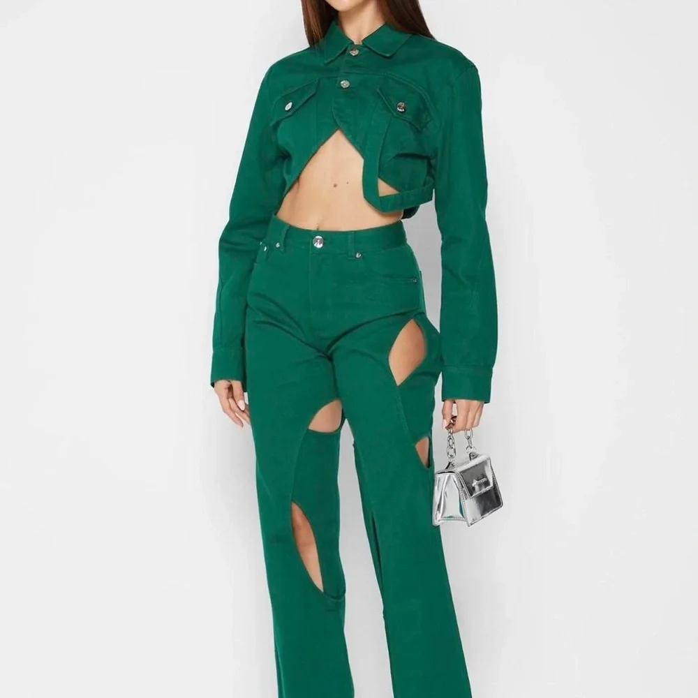 Maniere De Voir Set: Green Cropped Jacket US 6 & Boyfriend Cut Out Jeans US 6 - Picture 1 of 16
